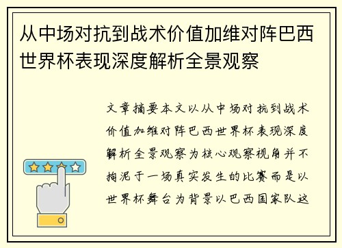 从中场对抗到战术价值加维对阵巴西世界杯表现深度解析全景观察